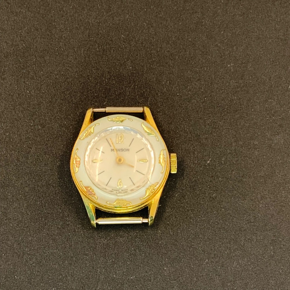 Vintage Manson‎ Swiss Made Mechanical Watch Head White Enamel Gold Tone Leaf